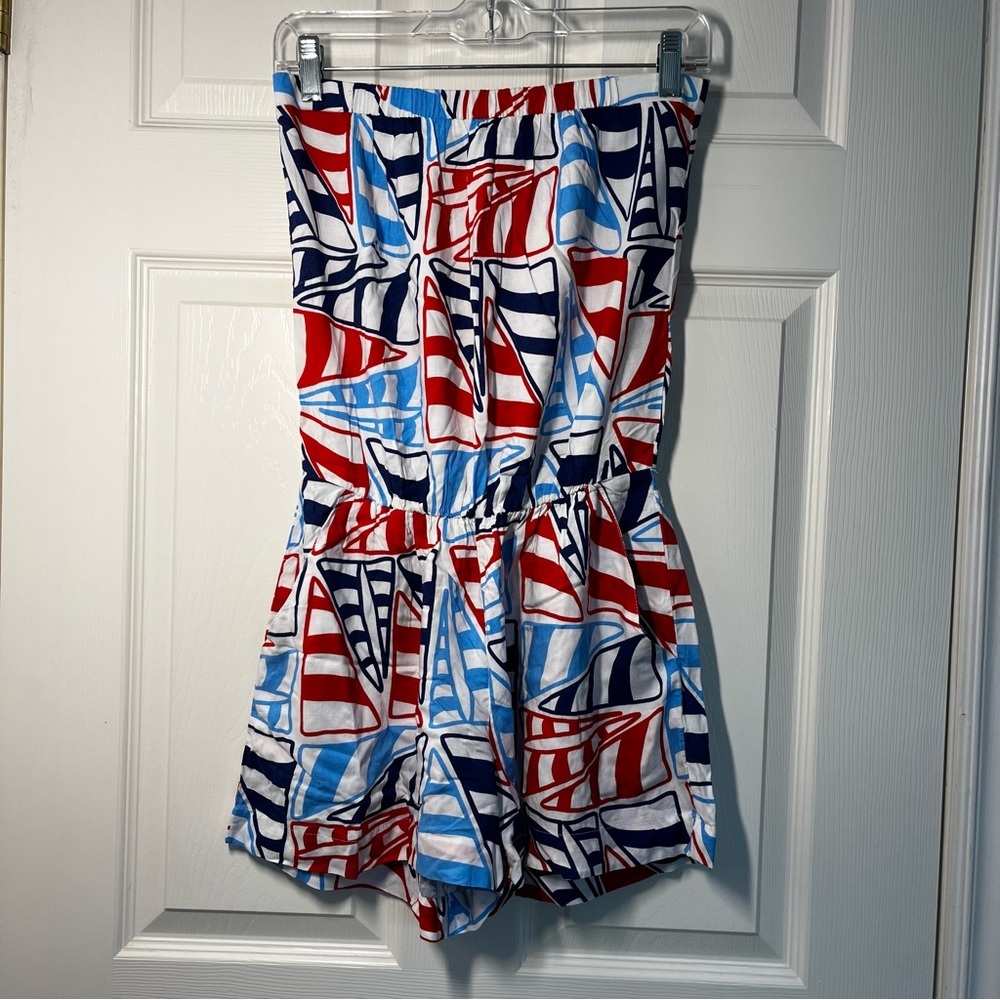 ESCAPADA Red and Blue Geometric Strapless Romper Size Small